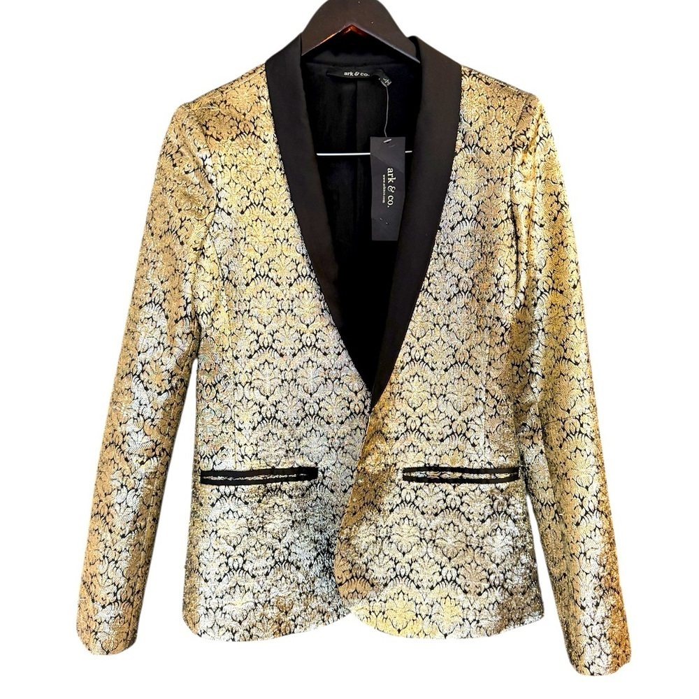 Ark & Co NWT L Gold and Black Blazer jacquard thicker metallic tuxedo cut blazer